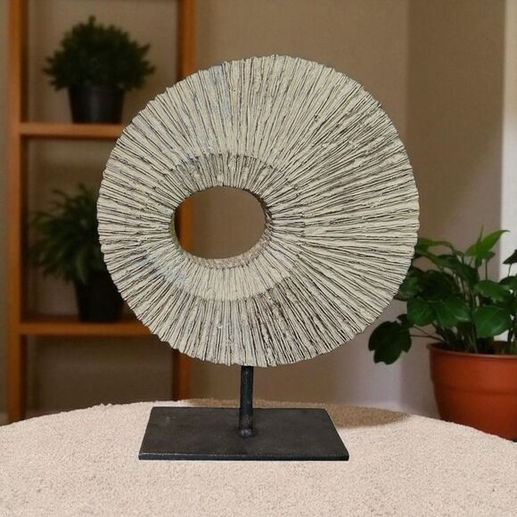 Modern Rustic Home Whitewash Circular Ring Decorative Sculpture on Metal Stand - Picture 1 of 11